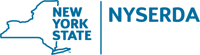 NYSERDA blue logo with an outline of the State of New York and the words New York State next to it
